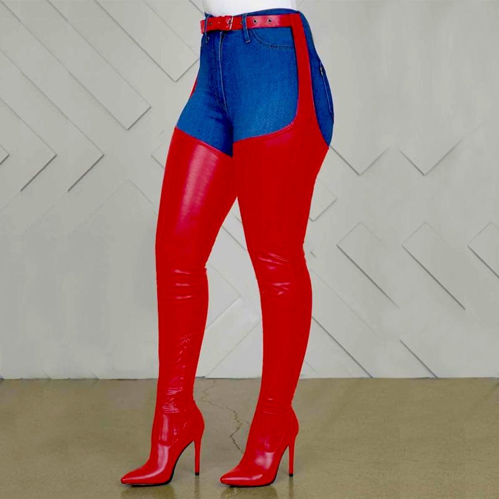 Thigh high red boots with belt